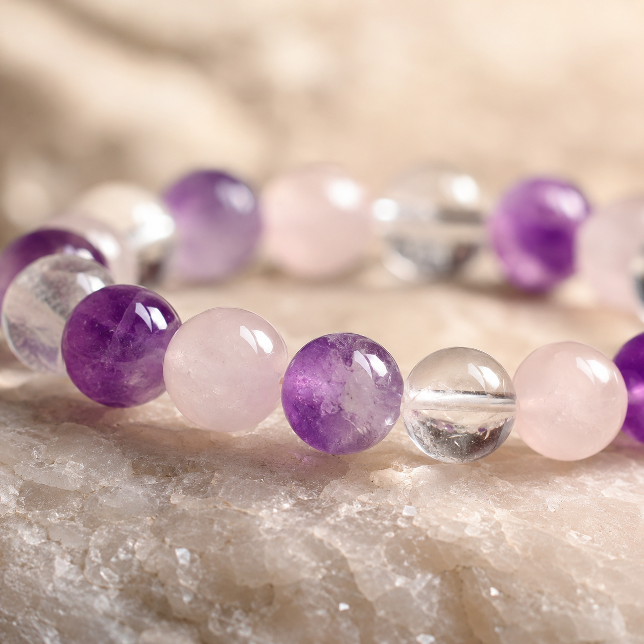 Gros plan sur les perles en améthyste, quartz rose et cristal de roche