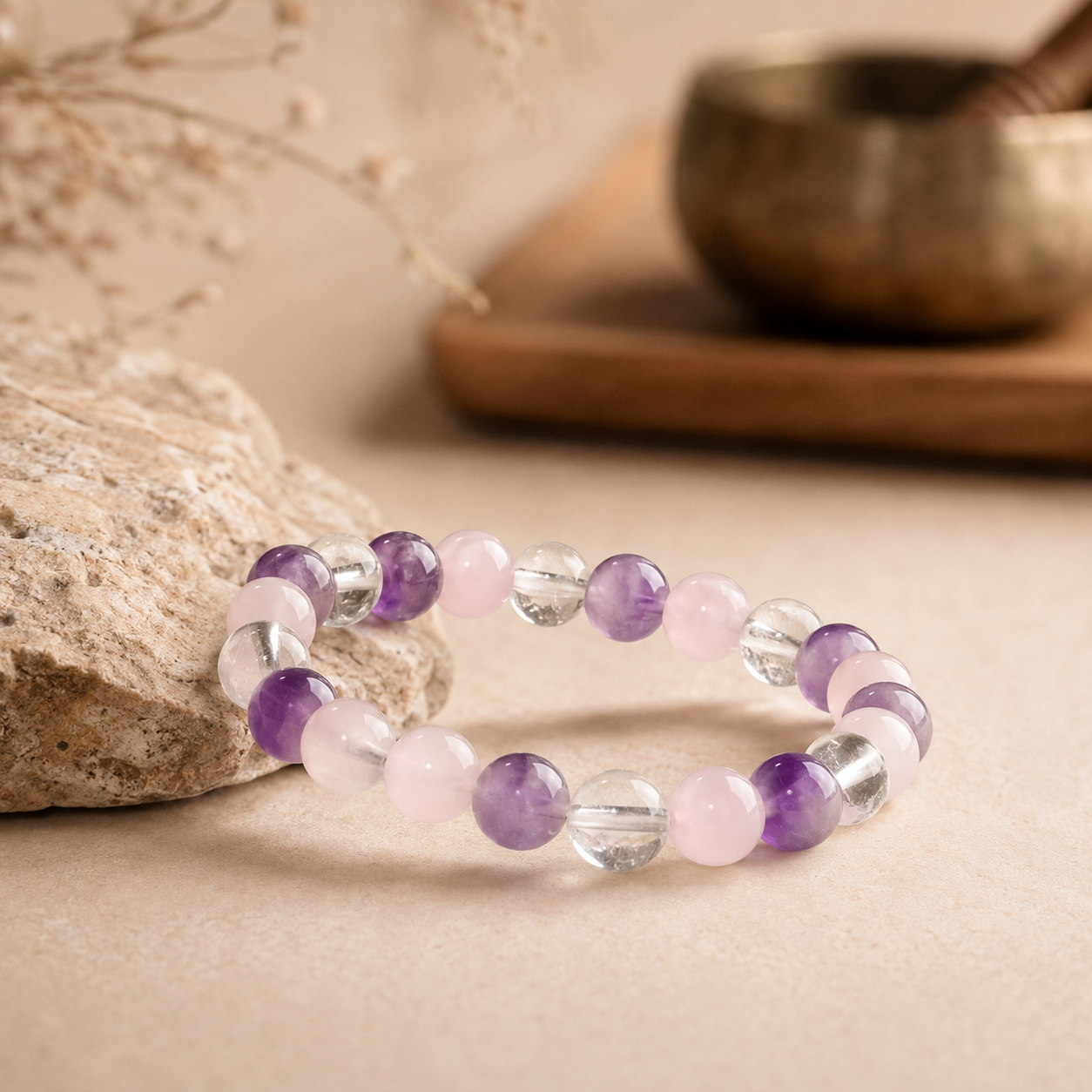 Bracelet en améthyste et quartz rose dans une ambiance de méditation sobre