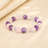 Vue complète du bracelet en améthyste, quartz rose et cristal de roche