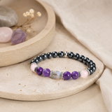 Vue complète du bracelet en améthyste, quartz rose, hématite et labradorite