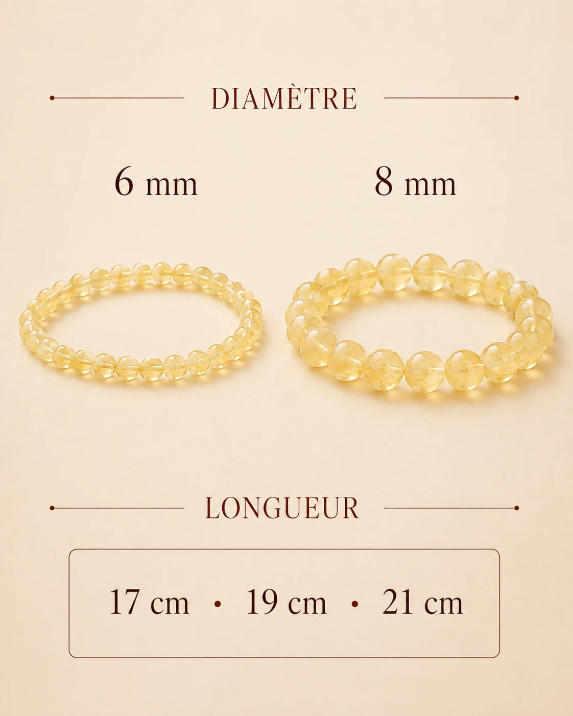 Diamètres 6 et 8 mm et longueurs disponibles du bracelet Citrine