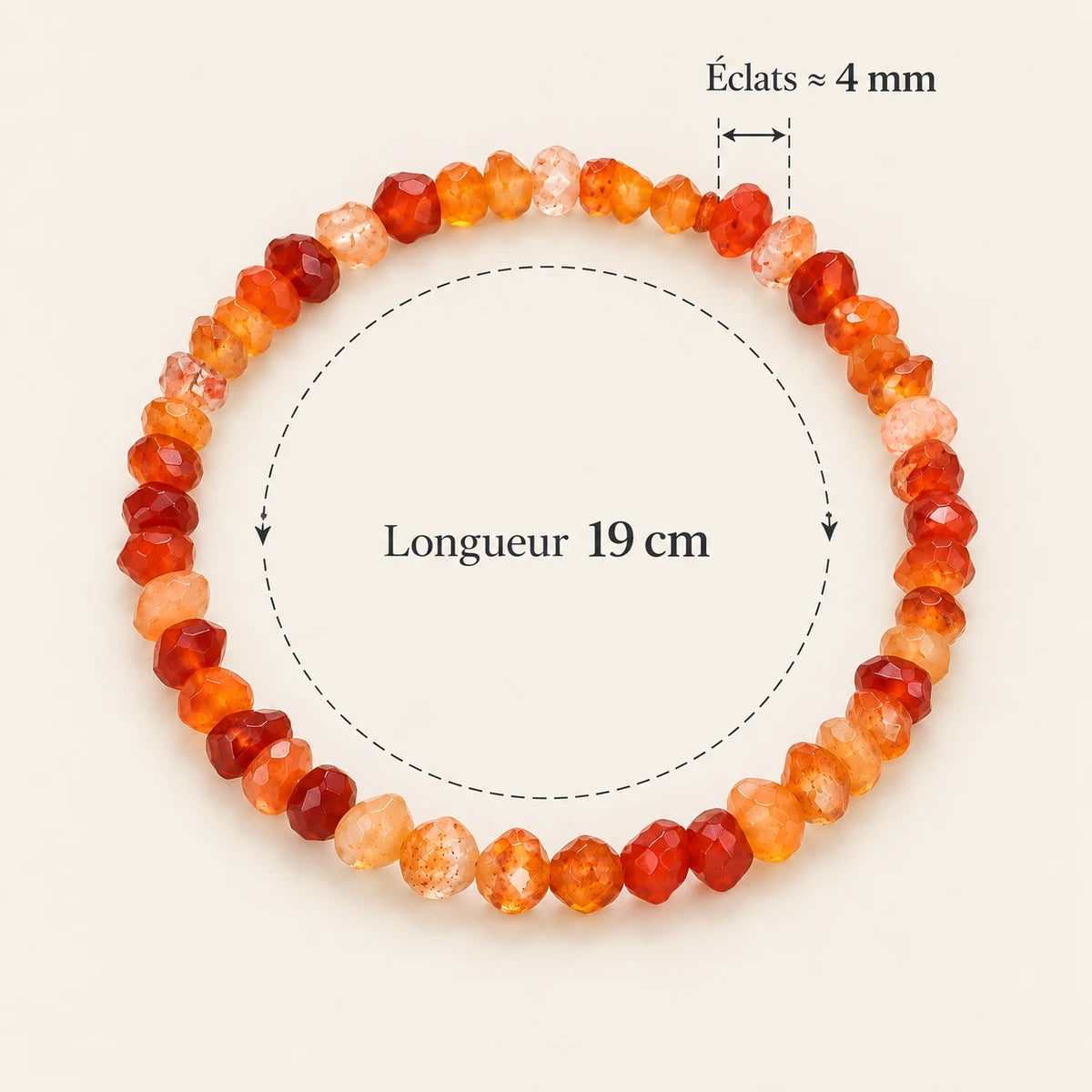 Dimensions du bracelet Cornaline en éclats de 4 mm et longueur 19 cm