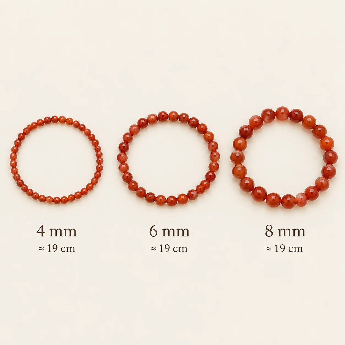 Comparaison des bracelets Cornaline en perles de 4, 6 et 8 mm