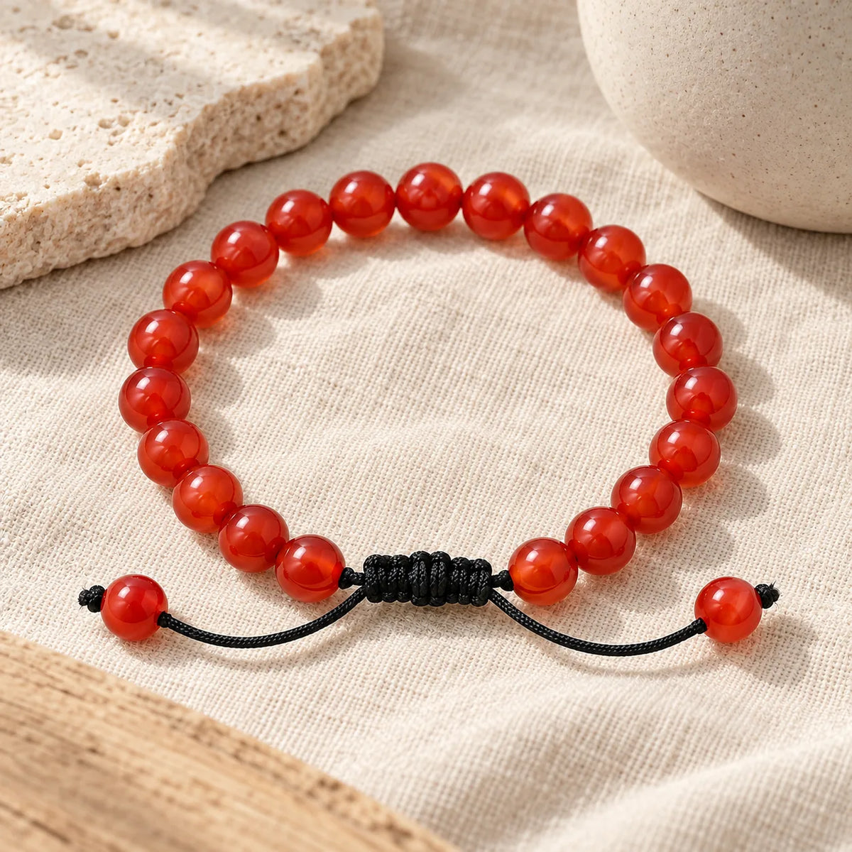 Bracelet Cornaline sur cordon noir dans une ambiance naturelle