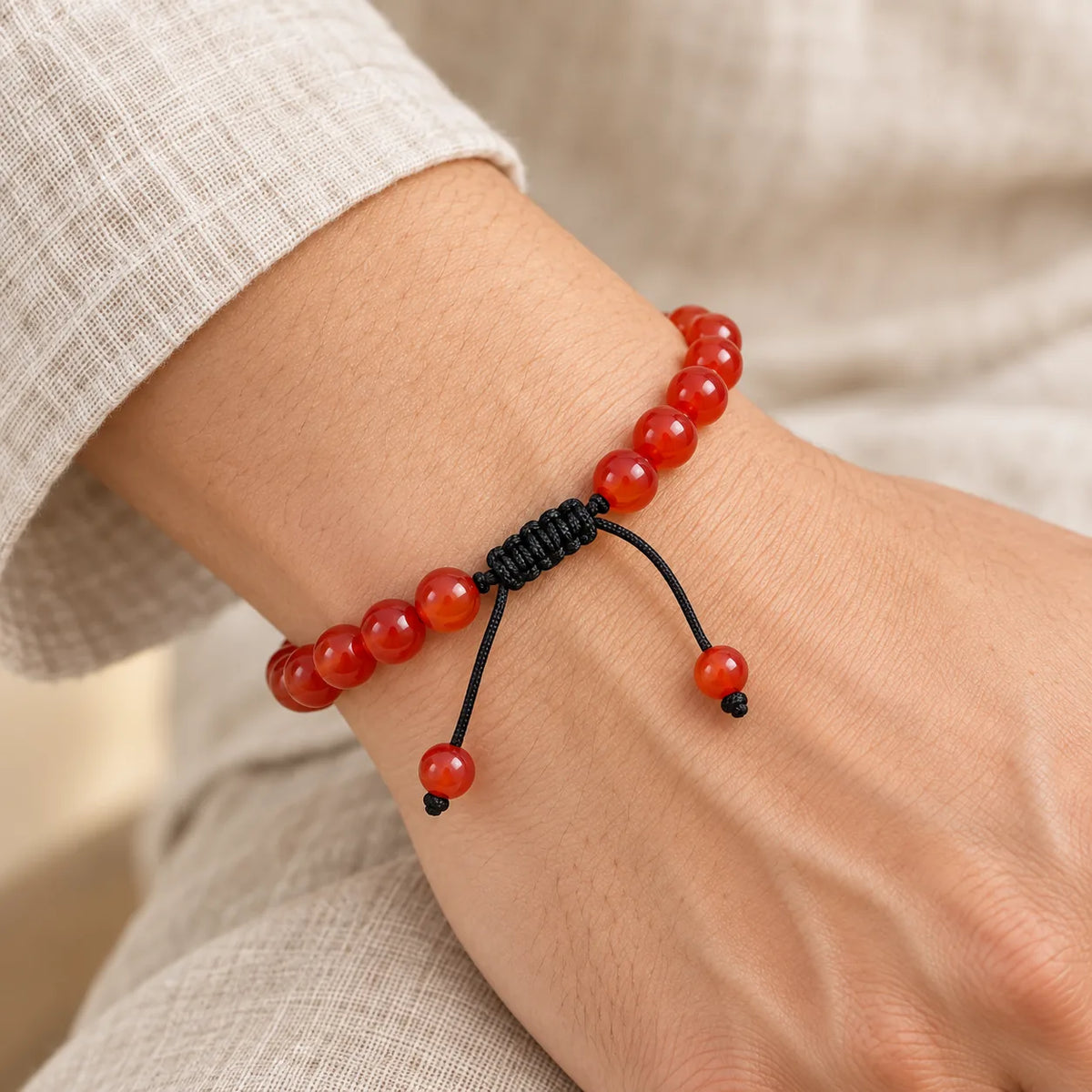 Bracelet Cornaline tressé ajustable porté au poignet