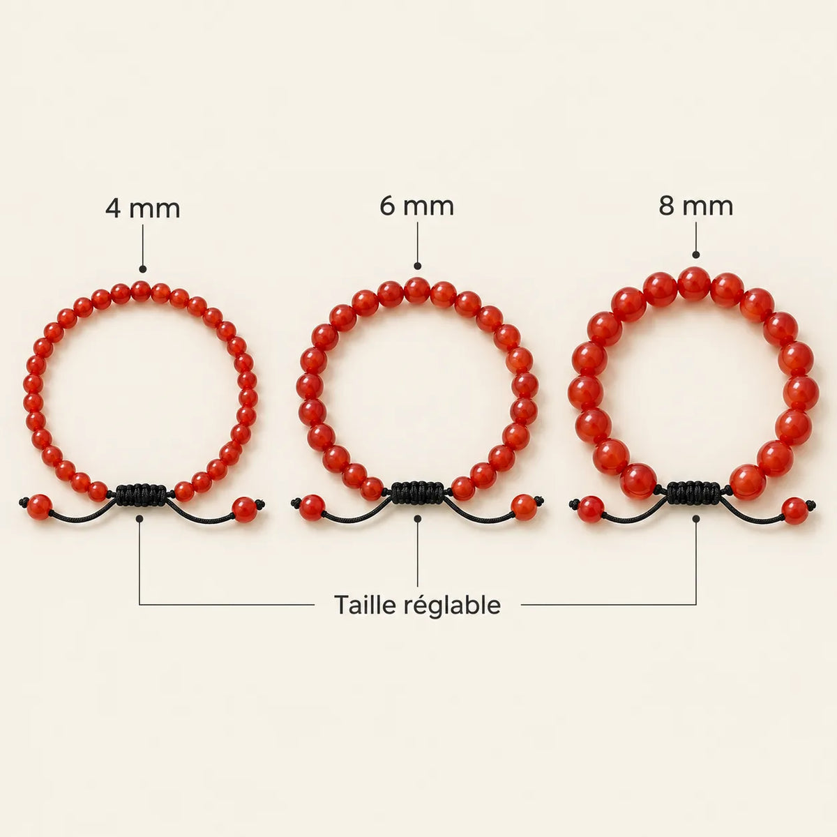 Bracelet Cornaline ajustable en perles de 4, 6 et 8 mm