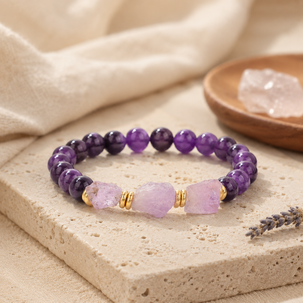 Bracelet en améthyste brute dans une mise en scène naturelle et élégante