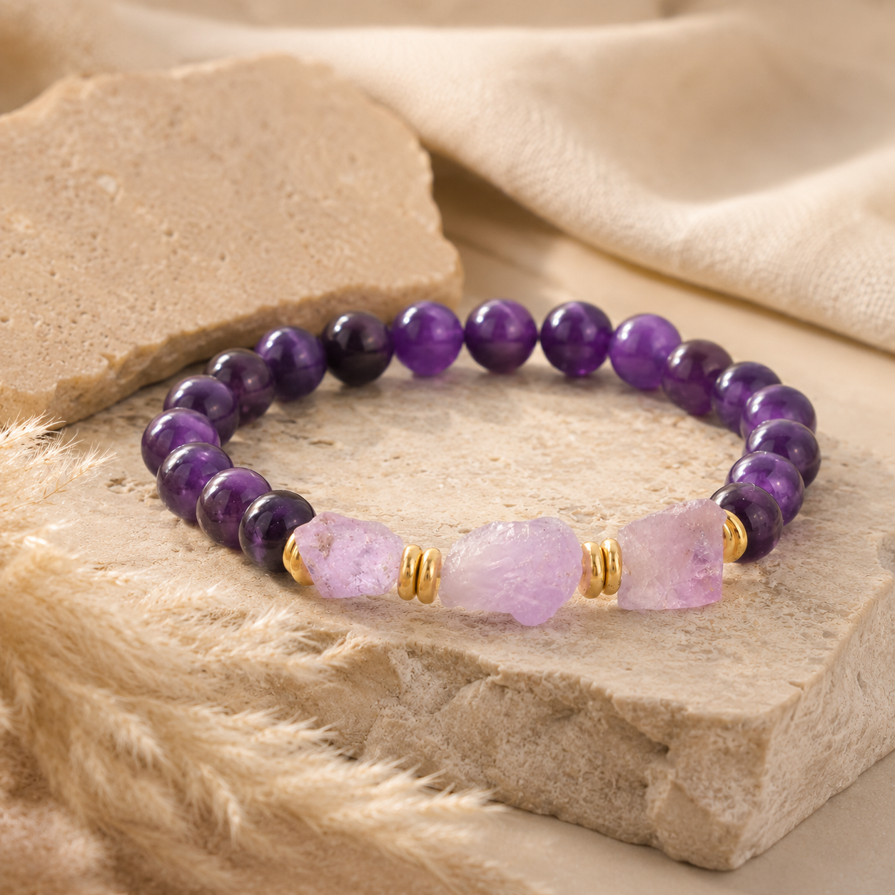 Bracelet Elara en améthyste présenté sur une pierre naturelle beige