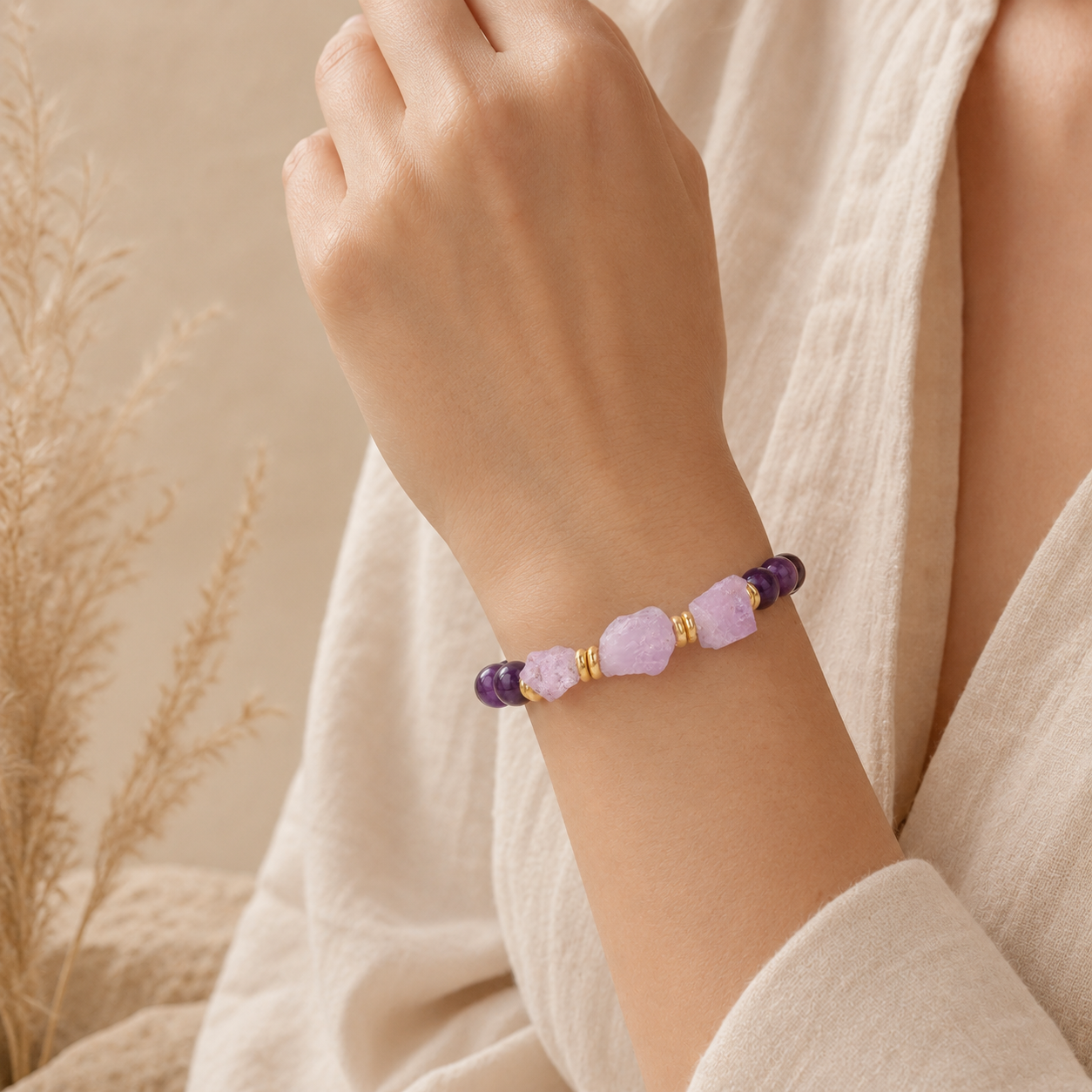 Bracelet Elara en améthyste brute porté au poignet
