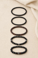 Vue complète des cinq rangs du bracelet labradorite hématite onyx