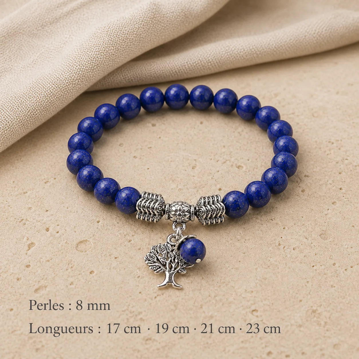 Dimensions du bracelet Lapis Lazuli Arbre de Vie en perles 8 mm
