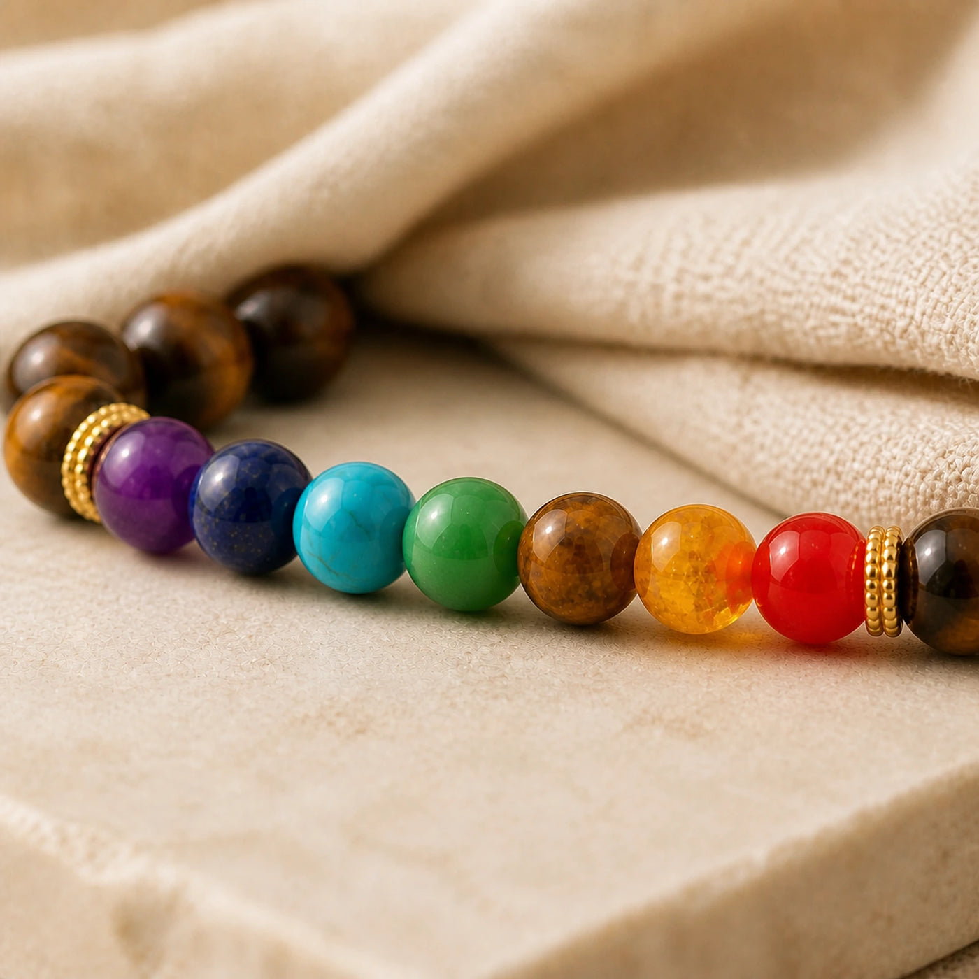 Détail des pierres colorées inspirées des 7 Chakras.