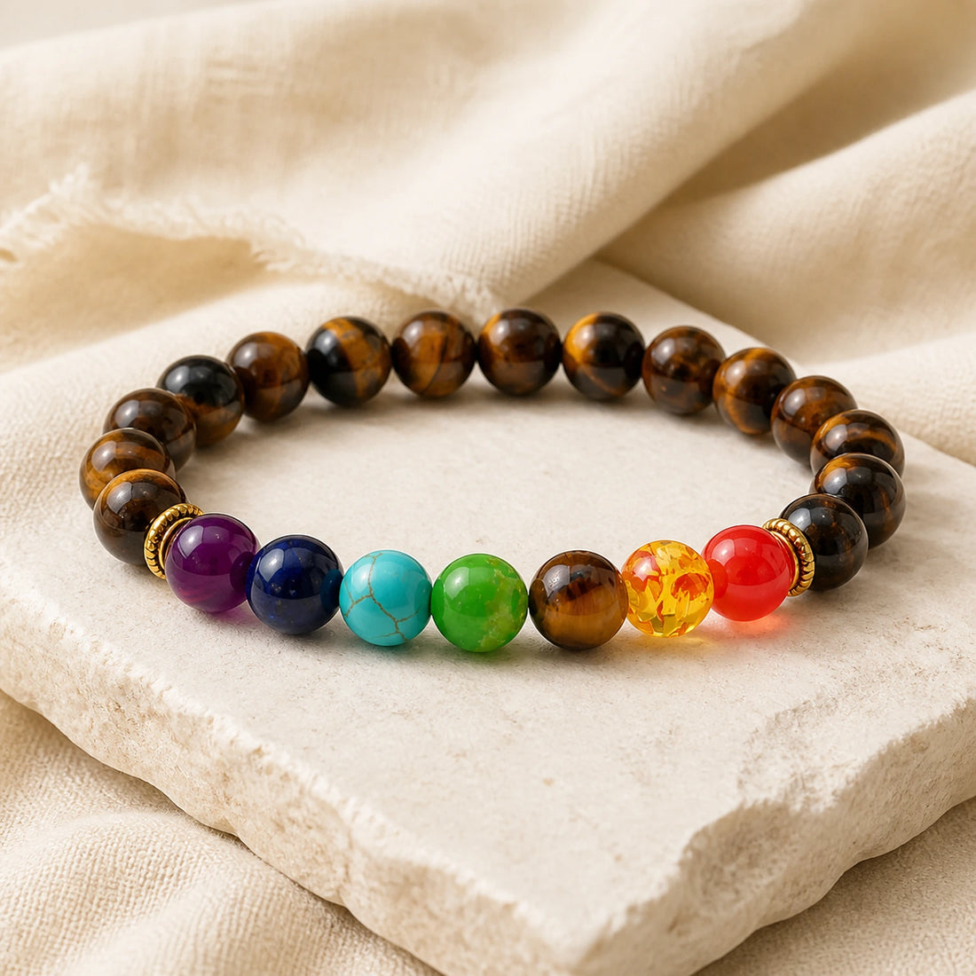Bracelet Œil de Tigre et 7 Chakras en pierres naturelles.