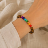 Bracelet Œil de Tigre et 7 Chakras porté au poignet.