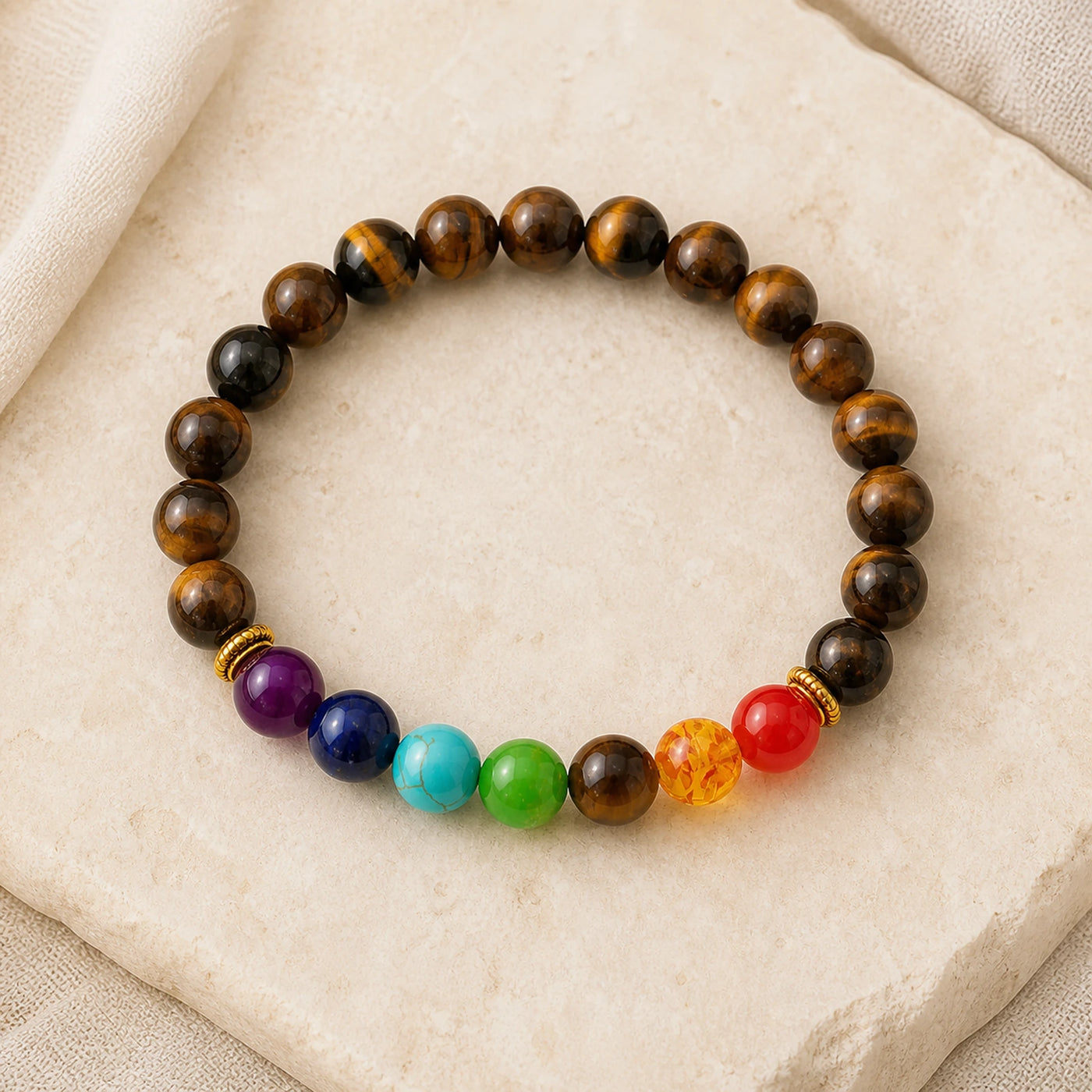 Vue complète d’un bracelet Œil de Tigre avec accents 7 Chakras.