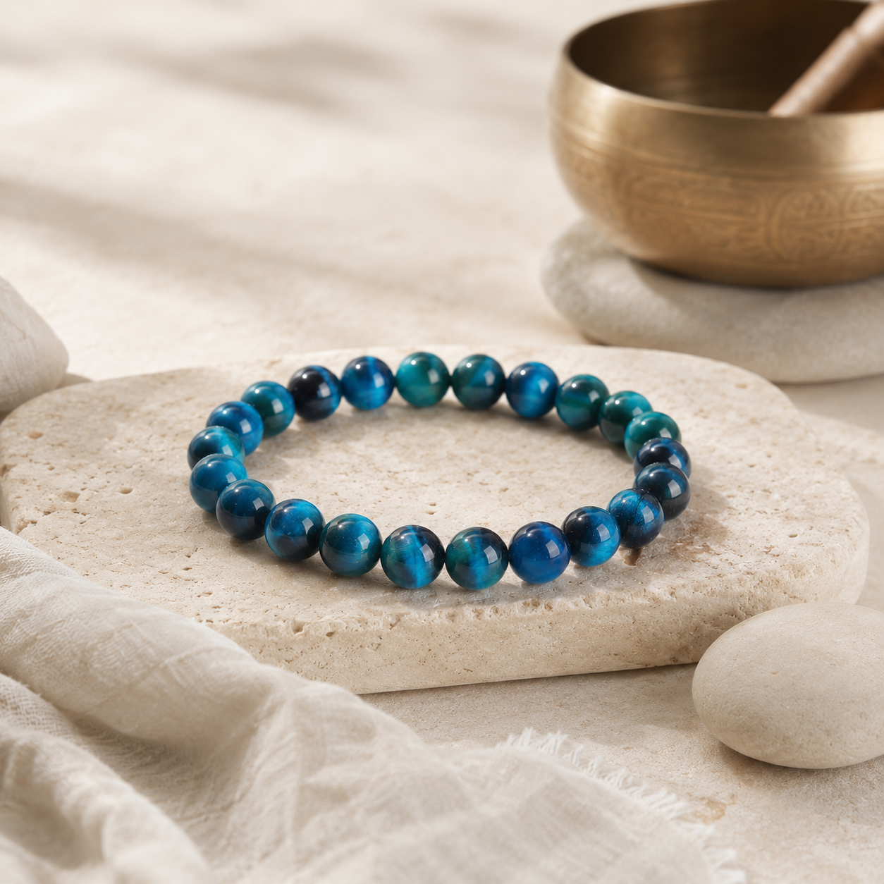 Bracelet œil de tigre bleu dans une mise en scène rituelle sobre