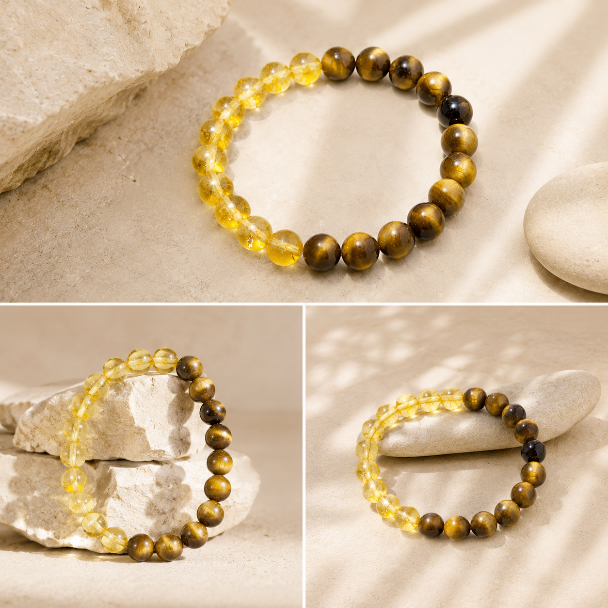 Bracelet œil de tigre et citrine dans une composition minérale élégante