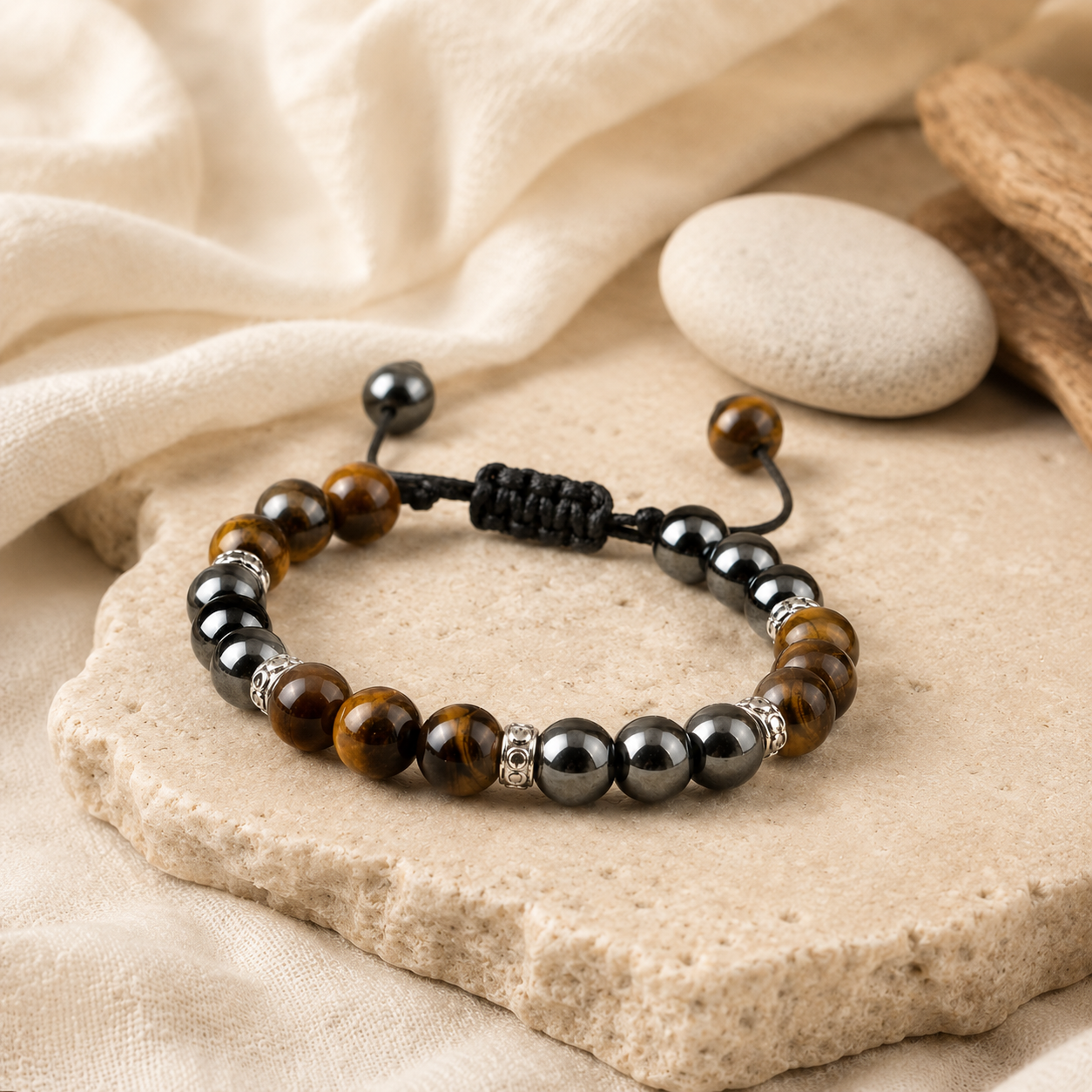 Bracelet œil de tigre et hématite dans une composition éditoriale premium