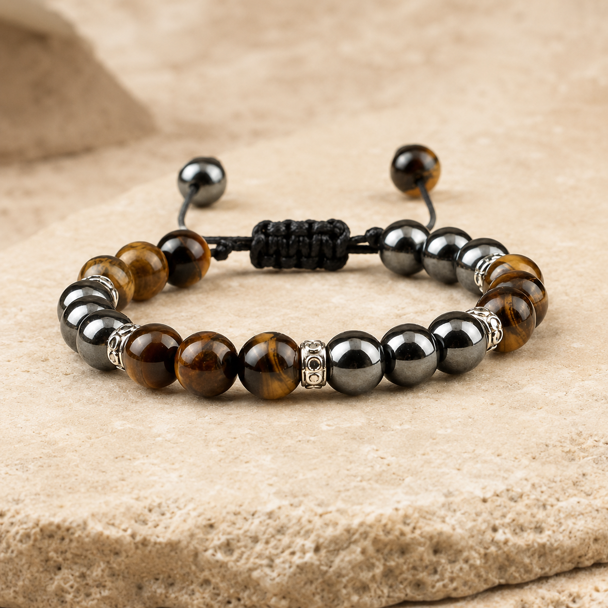 Bracelet œil de tigre et hématite posé sur une surface minérale beige