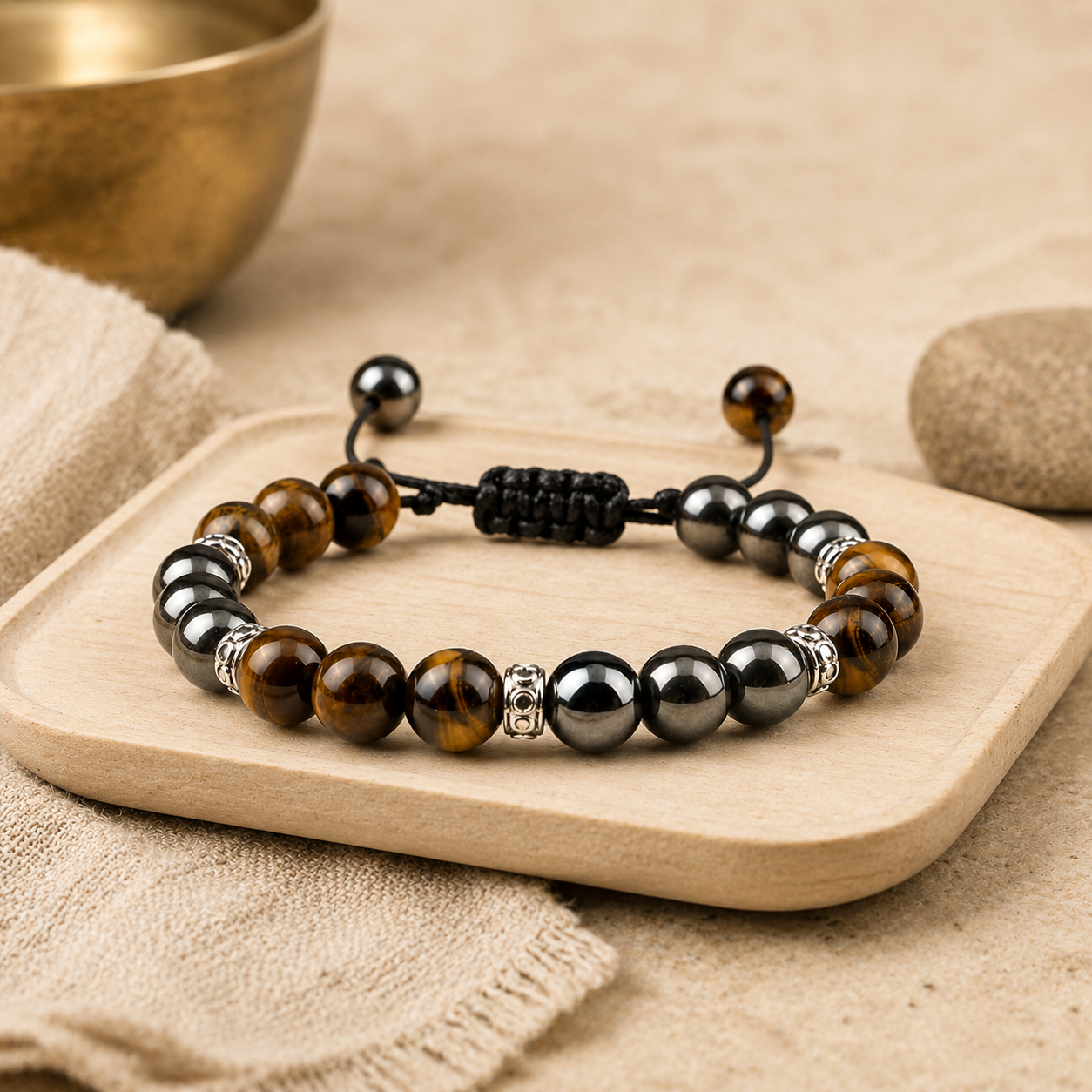 Bracelet œil de tigre et hématite dans une mise en scène méditative sobre