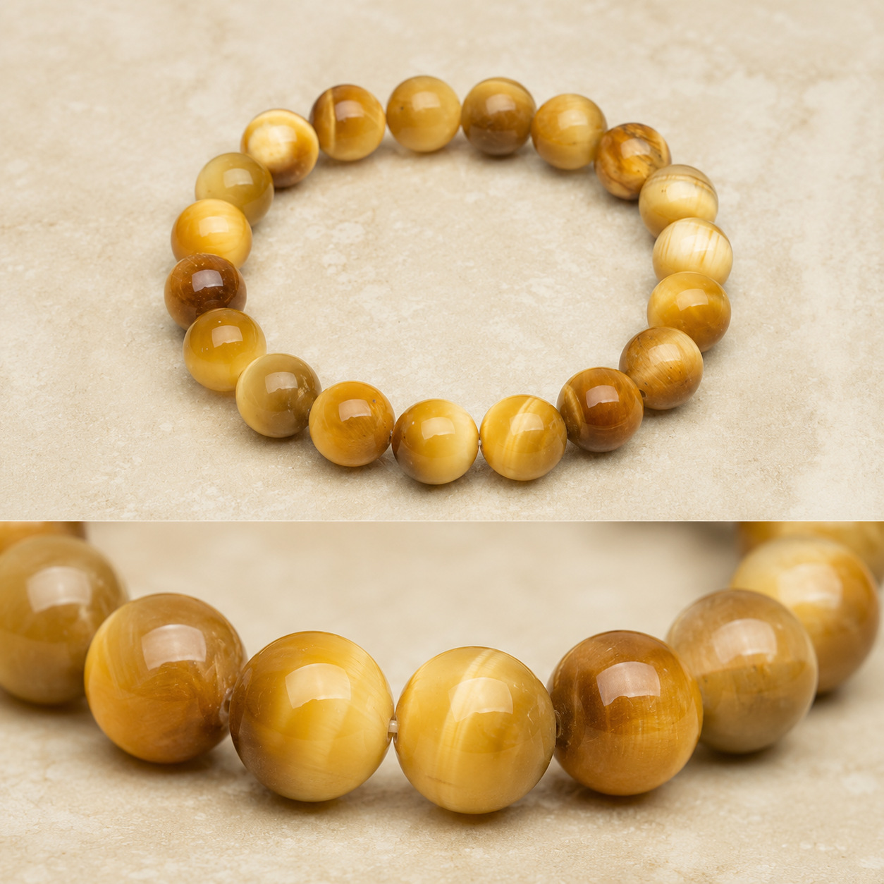 Gros plan sur les perles d un bracelet en oeil de tigre jaune