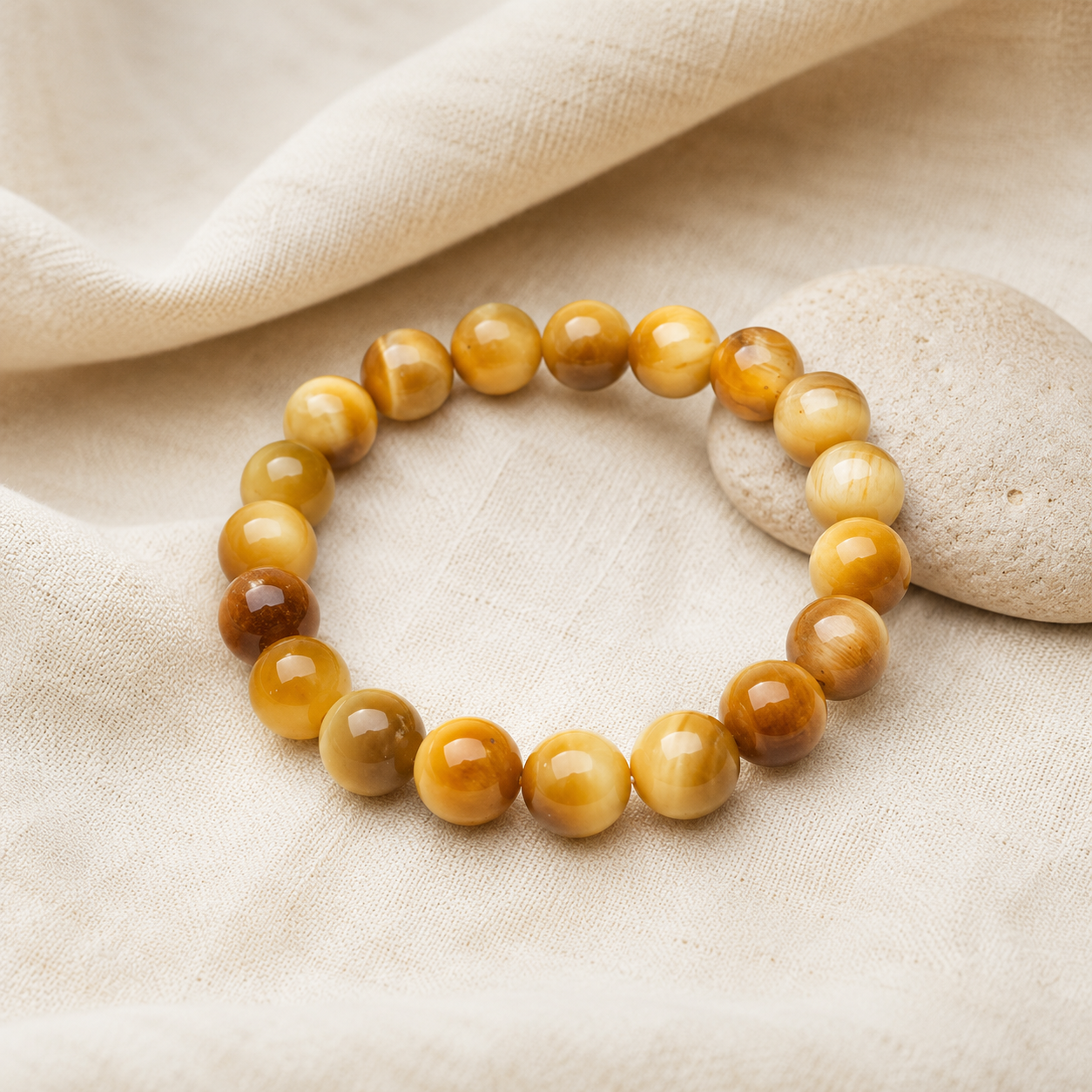 Bracelet en oeil de tigre jaune sur lin clair dans une ambiance naturelle
