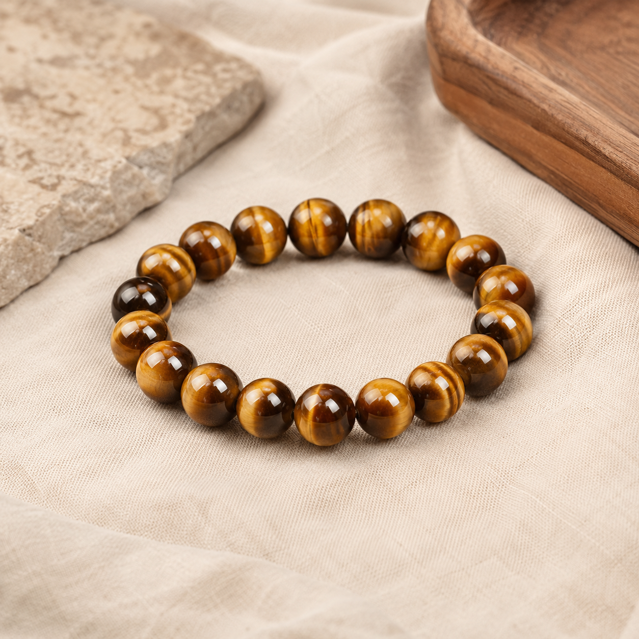 Bracelet œil de tigre posé sur du lin clair avec pierre naturelle