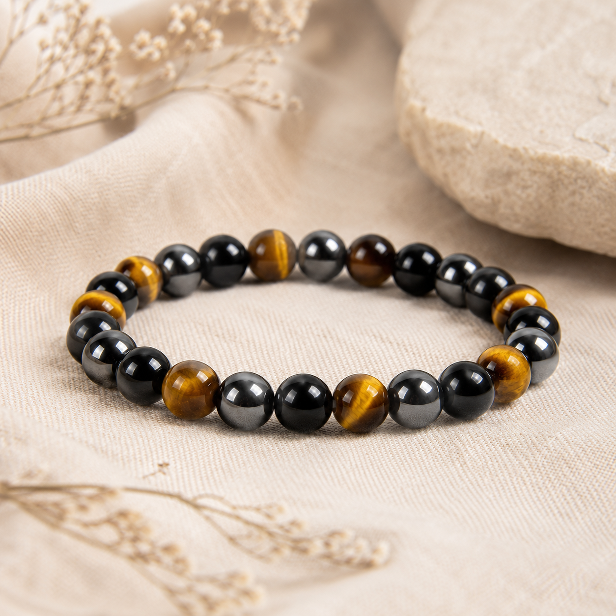 Bracelet œil de tigre, obsidienne et hématite posé sur lin clair