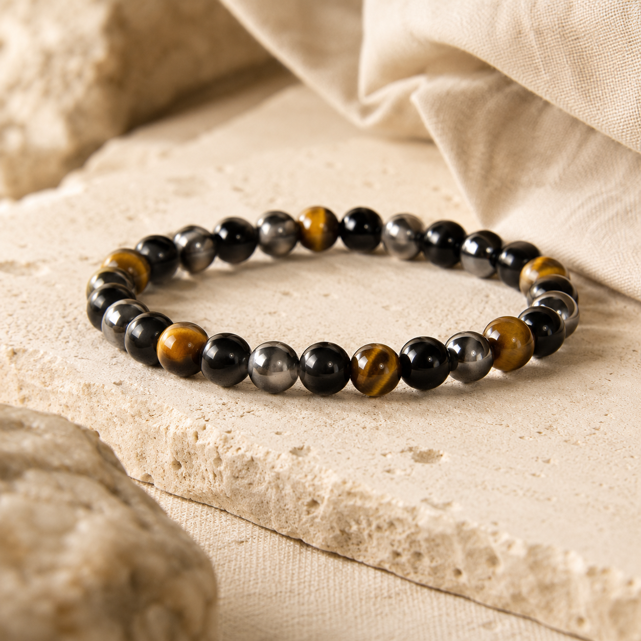 Bracelet œil de tigre, obsidienne et hématite dans un univers premium Solivaya