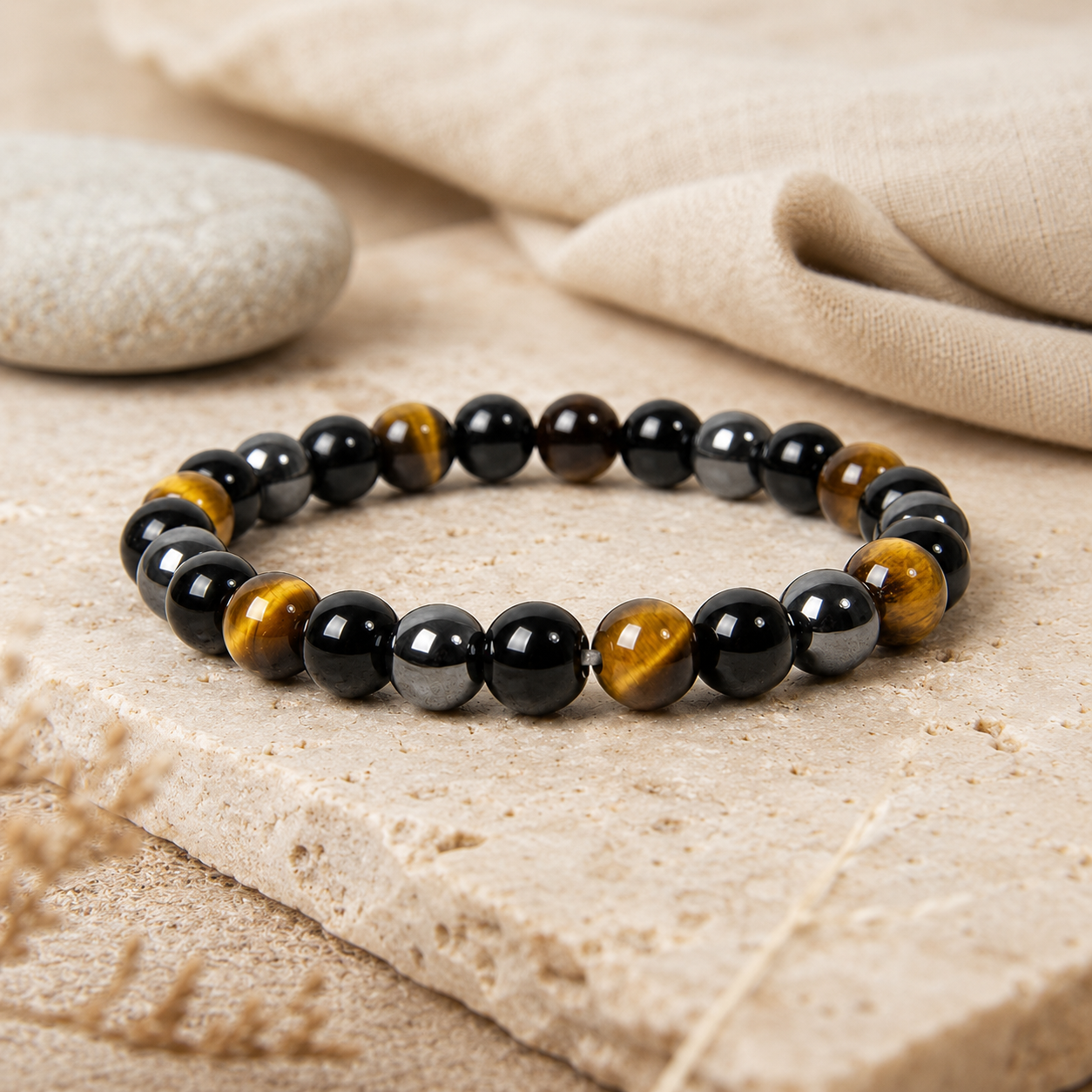 Bracelet œil de tigre, obsidienne et hématite dans une mise en scène rituelle sobre