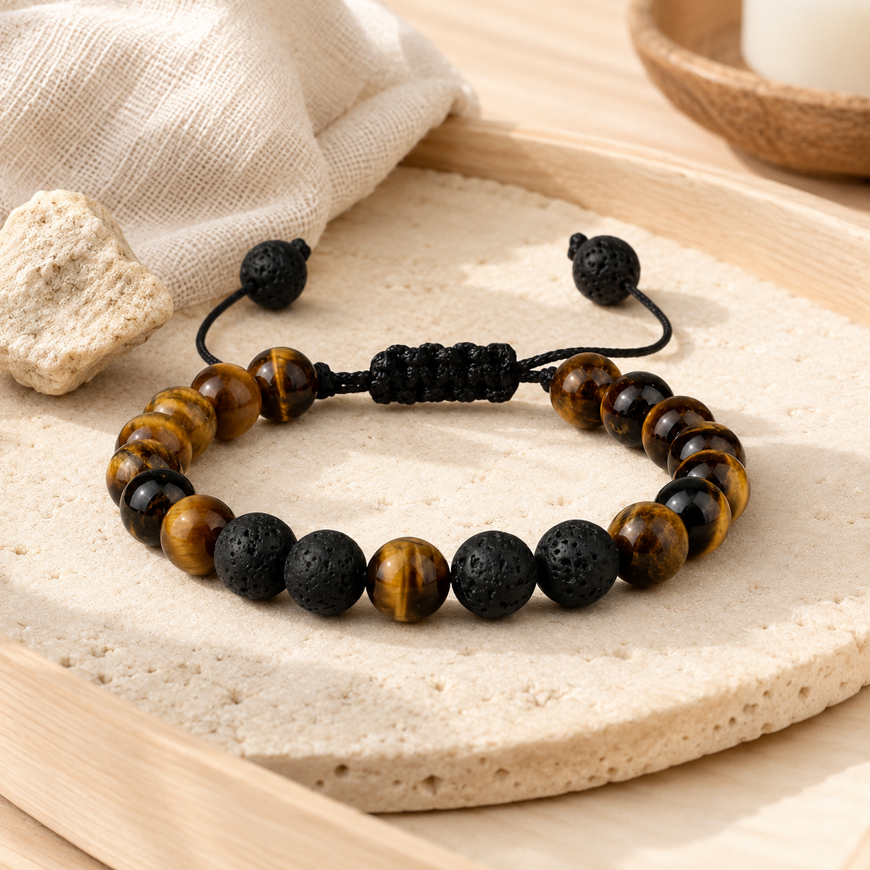 Bracelet œil de tigre et pierre de lave dans un univers rituel sobre