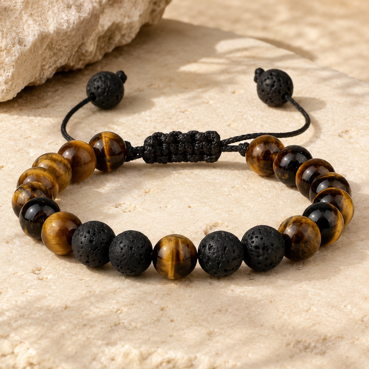 Bracelet œil de tigre et pierre de lave réglable