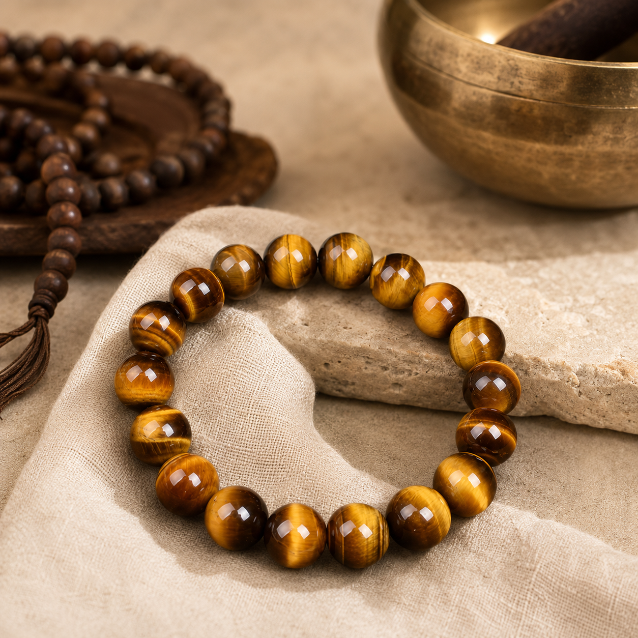 Bracelet œil de tigre dans une mise en scène de rituel personnel Solivaya