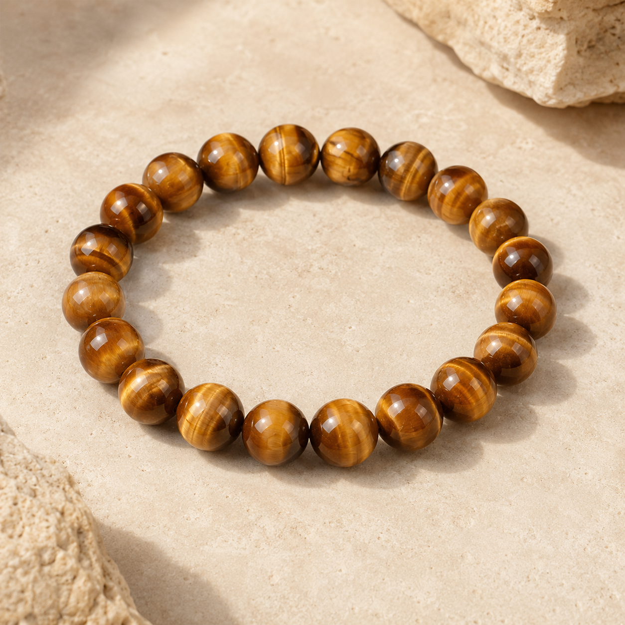 Vue complète d’un bracelet œil de tigre en perles rondes polies