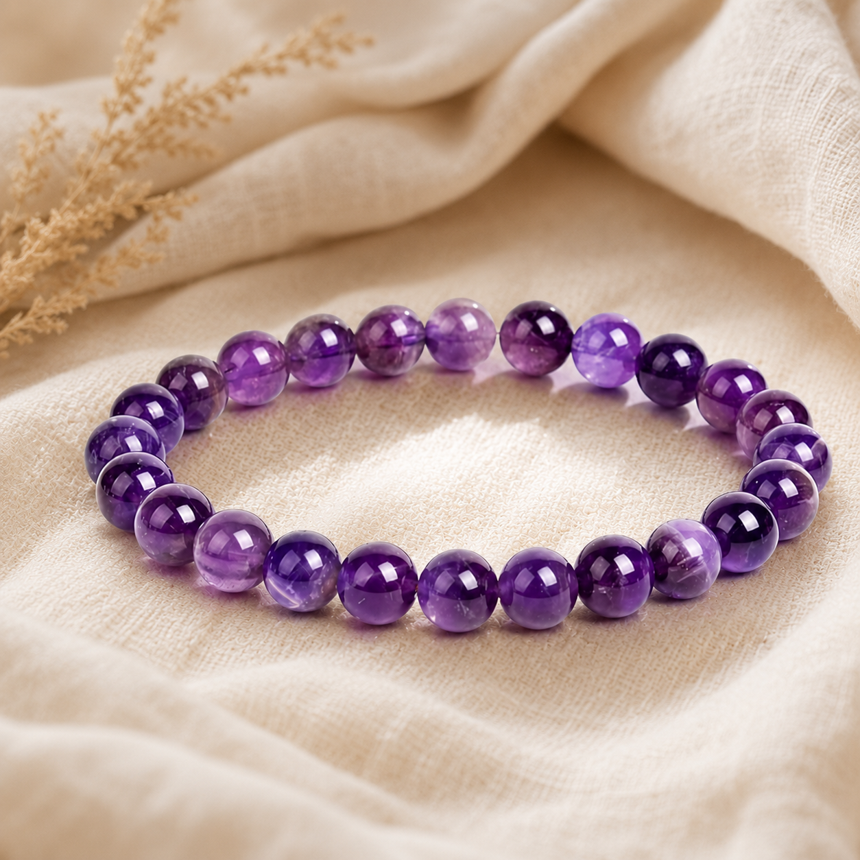 Bracelet Orion en améthyste posé sur un tissu en lin écru