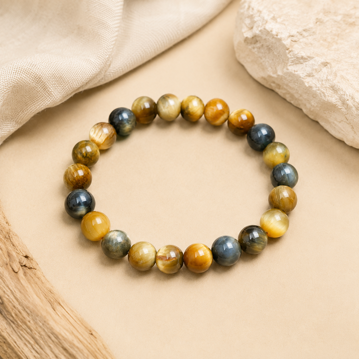 Bracelet en oeil de tigre bleu et dore presente sur fond beige