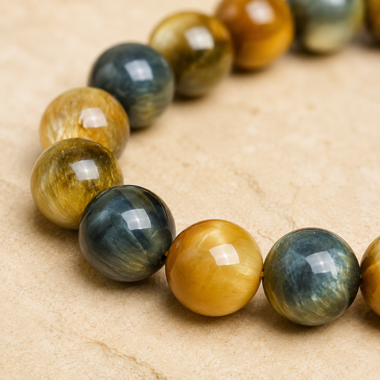 Gros plan sur les perles d un bracelet en oeil de tigre bleu et dore