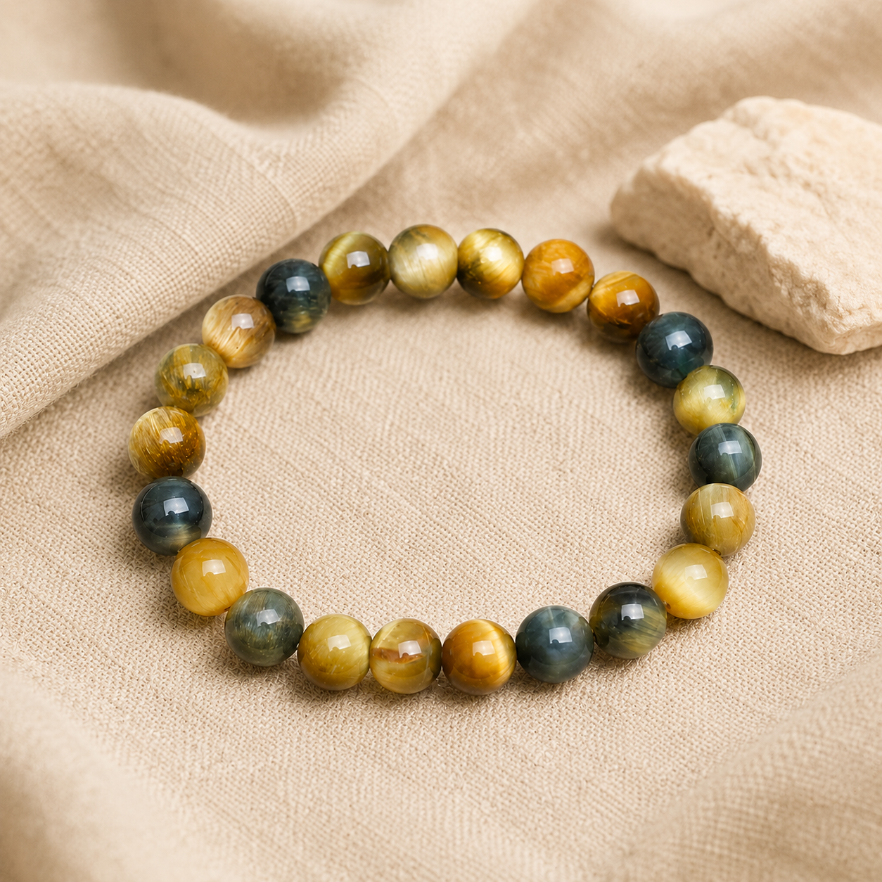 Bracelet en oeil de tigre bleu et dore sur lin clair dans une ambiance naturelle
