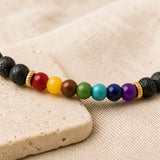 Détail des sept pierres colorées d’un bracelet 7 Chakras en Pierre de Lave.