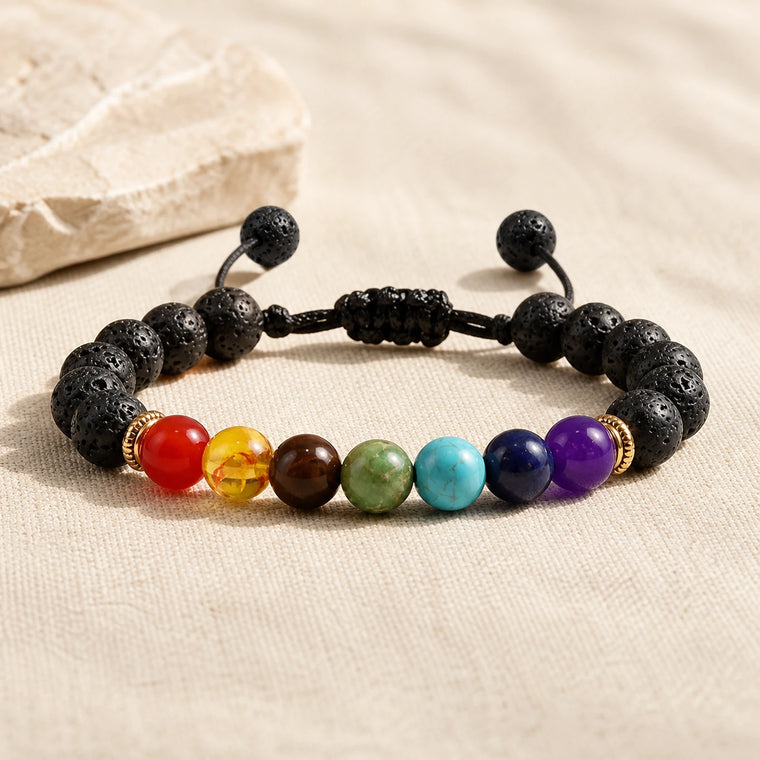Bracelet Pierre de Lave & 7 Chakras — Pierres Naturelles 8 mm
