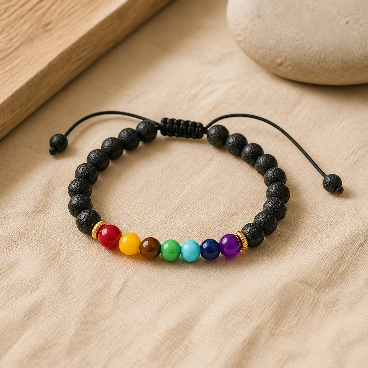 Bracelet Pierre de Lave et 7 Chakras présenté sur du lin clair.