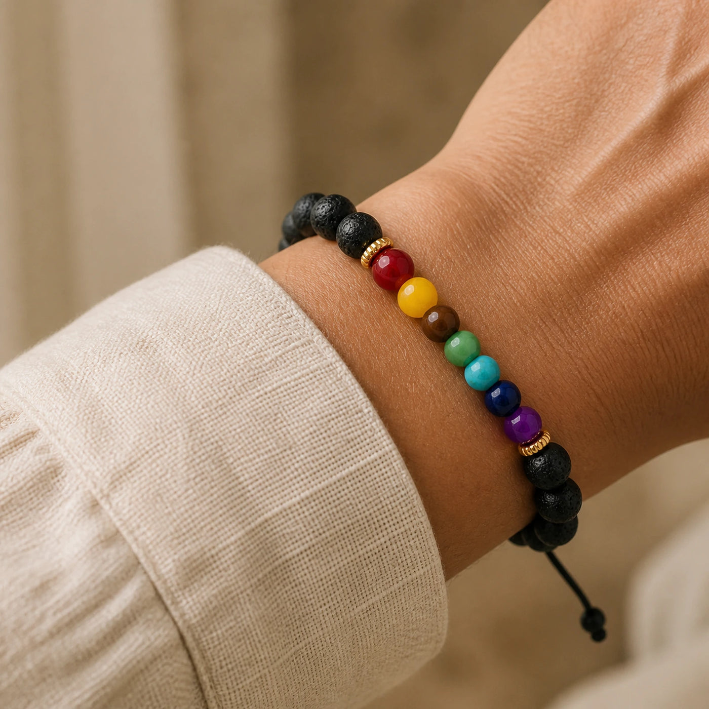 Bracelet Pierre de Lave et 7 Chakras porté au poignet.