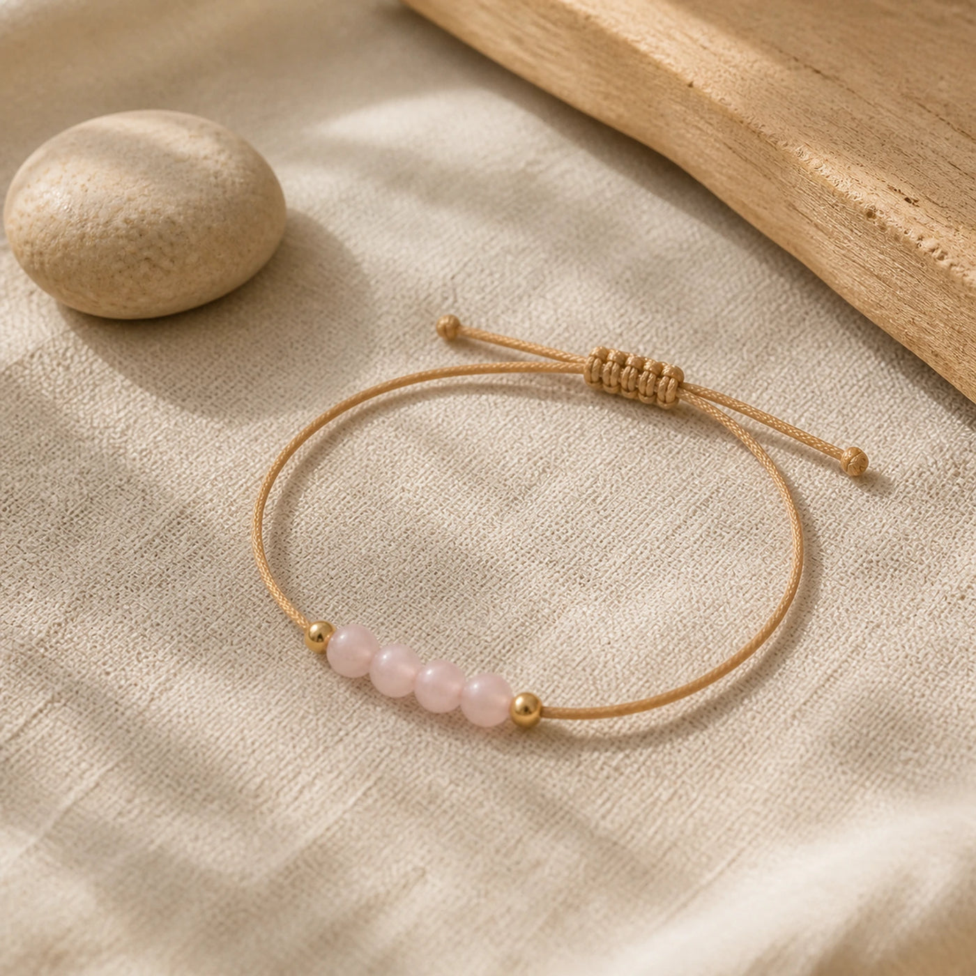 Bracelet minimaliste en quartz rose posé sur du lin clair.