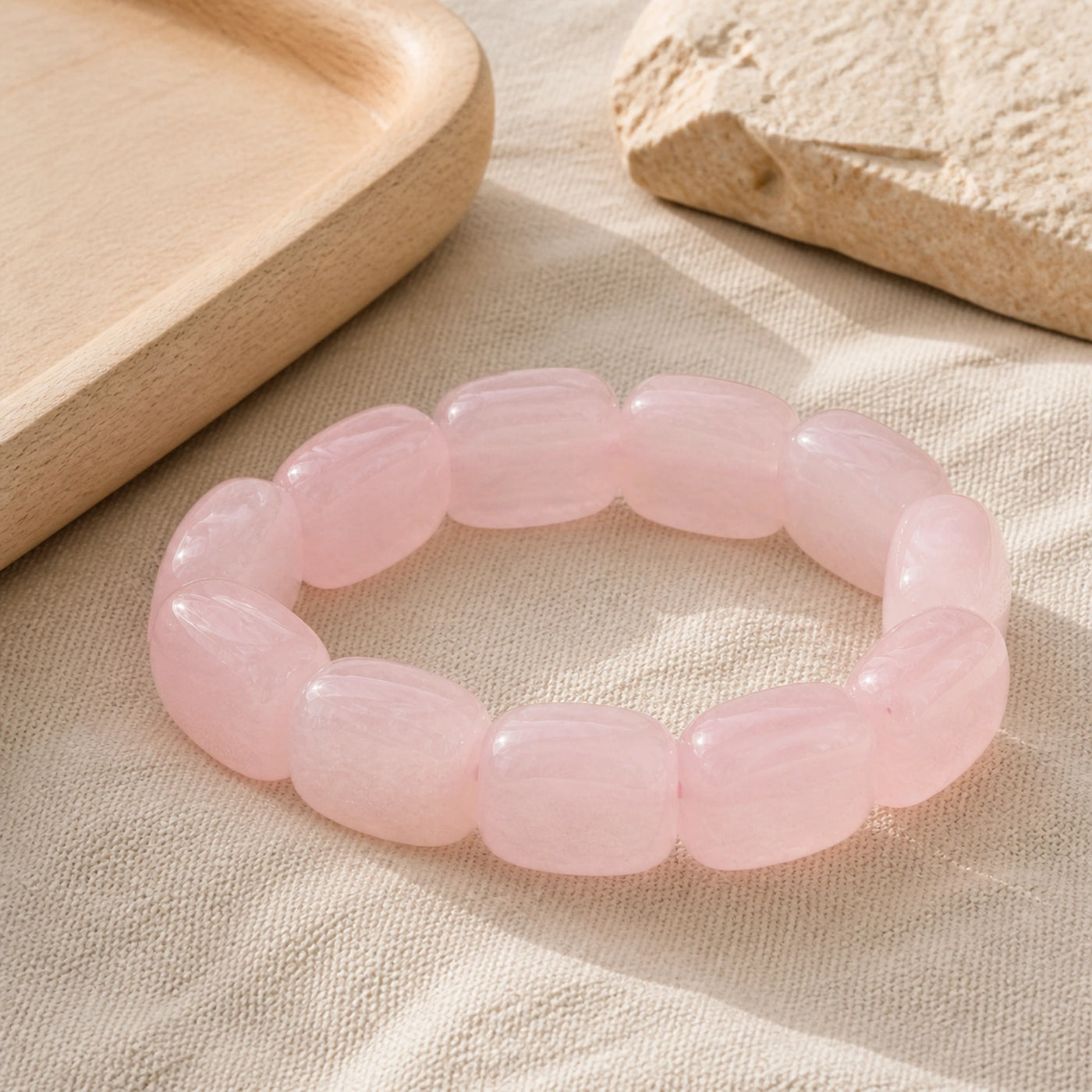Bracelet en quartz rose naturel présenté sur du lin clair.