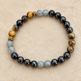 Vue du dessus du bracelet en tourmaline noire, labradorite et œil de tigre