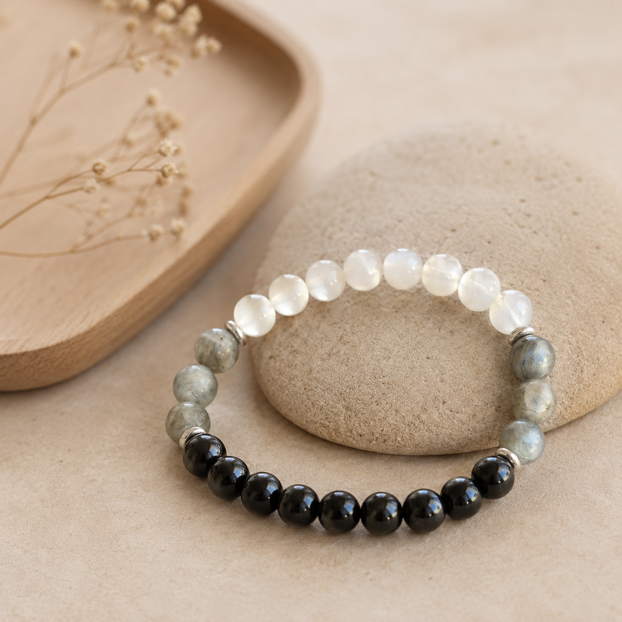 Bracelet Tourmaline Noire, Labradorite et Pierre de Lune avec pierres naturelles