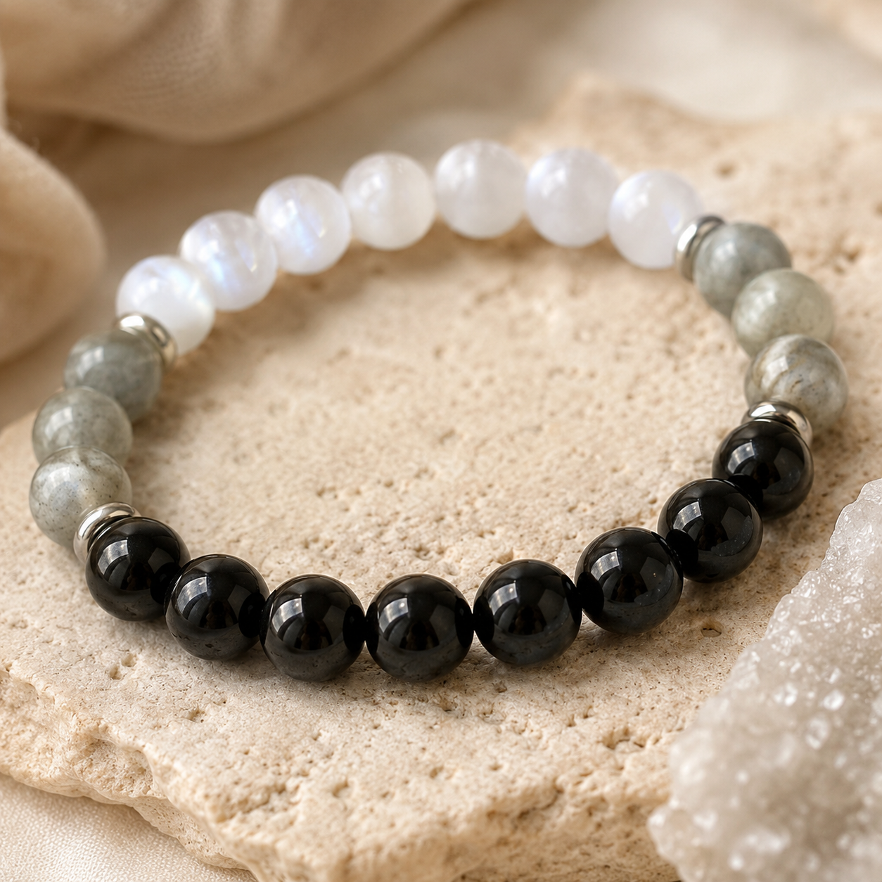 Gros plan sur le bracelet Tourmaline Noire, Labradorite et Pierre de Lune
