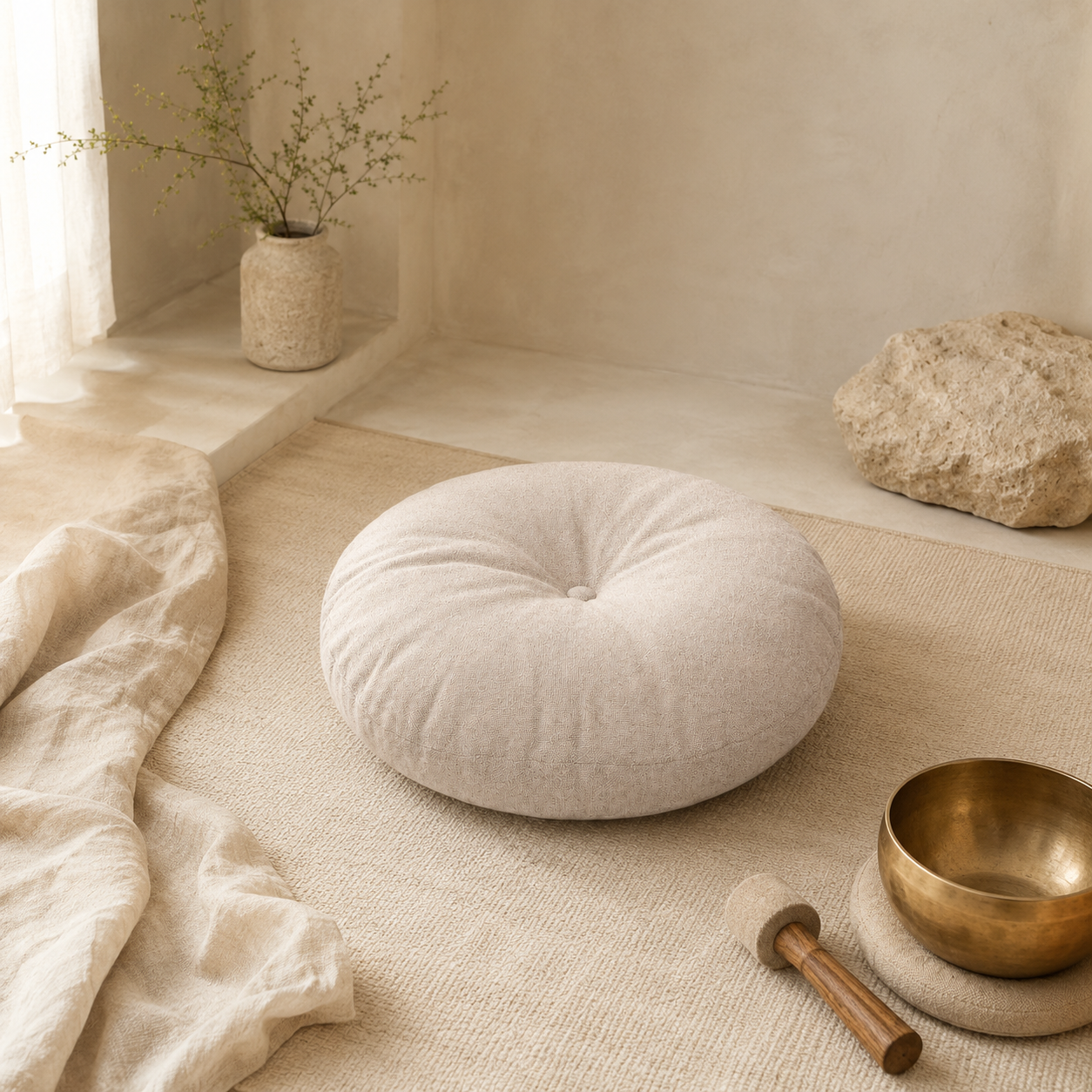 Coin méditation avec coussin zafu naturel, tapis beige et bol tibétain