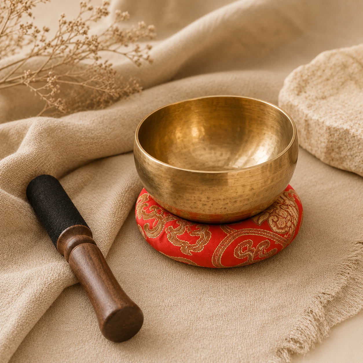 Coussin rouge et or avec bol tibétain dans un rituel de méditation