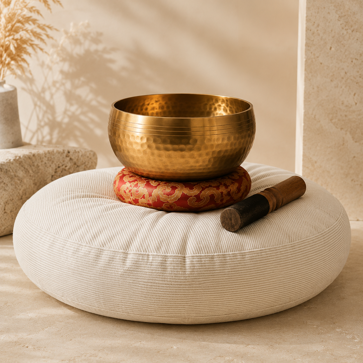 Un coussin de méditation rond beige posé dans un espace calme, avec un bol tibétain sur coussin et un maillet en bois à proximité